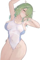 Rule 34 | 1girl, absurdres, breasts, ceres fauna, chyraliss, competition swimsuit, covered navel, green hair, groin, highleg, highleg swimsuit, highres, hololive, hololive english, large breasts, looking at viewer, mole, mole under eye, one-piece swimsuit, simple background, solo, swimsuit, thigh gap, thighs, virtual youtuber, white background, yellow eyes