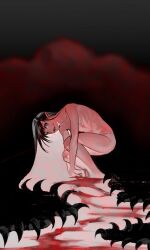 Rule 34 | 1girl, absurdly long hair, black hair, blending, blood, blood on face, blood on ground, blood trail, collarbone, completely nude, fangs, flat chest, from side, hands on ground, highres, long hair, looking at viewer, looking to the side, ma0 h t0, monster girl, nude, open mouth, original, pointy ears, red eyes, solo, squatting, straight hair, swept bangs, tentacle hair, v arms, very long hair