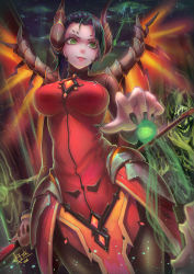Rule 34 | 1girl, 2016, absurdres, alternate costume, armor, black hair, black nails, bodysuit, breasts, brown pantyhose, cowboy shot, dark persona, dated, demon horns, demon tail, devil mercy, eyeliner, facial mark, faulds, fingernails, forehead mark, glowing, glowing wings, green eyes, highres, holding, holding staff, horns, large breasts, light particles, light smile, lips, lipstick, looking at viewer, magic, makeup, mechanical wings, mercy (overwatch), nail polish, official alternate costume, orange wings, overwatch, overwatch 1, pantyhose, pelvic curtain, ponytail, red lips, resurrection, revision, sharp fingernails, shizi shizi, short hair, signature, skeleton, spread wings, staff, tail, wings
