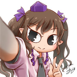 Rule 34 | 1girl, blue hat, bow, brown hair, chamaji, commentary request, frilled shirt collar, frills, hair bow, hair ribbon, hat, himekaidou hatate, looking at viewer, lowres, necktie, partial commentary, pointy ears, profile picture, ribbon, selfie, shirt, short sleeves, sidelocks, signature, solo, tengu, tokin hat, touhou, twintails, v, white background, white shirt