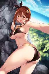 Rule 34 | 1girl, ass, atelier (series), atelier ryza, atelier ryza 2, bare shoulders, beach, bikini, black bikini, black ribbon, blush, braid, breasts, brown eyes, brown hair, butt crack, cait aron, cleavage, collarbone, earrings, hair ornament, highres, jewelry, key, key necklace, large breasts, looking at viewer, necklace, open mouth, reisalin stout, ribbon, short hair, side braid, smile, solo, star (symbol), star earrings, swimsuit, thighs, underboob