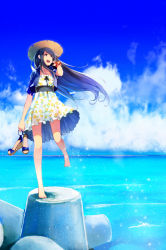 Rule 34 | 1girl, :d, bare legs, barefoot, blue eyes, blue hair, cloud, cropped jacket, day, dress, floral print, full body, hat, highres, holding, holding shoes, jacket, leg up, legs, long hair, looking afar, matching hair/eyes, ocean, open mouth, original, print dress, retsuna, sandals, shoes, unworn shoes, sky, smile, solo, standing, standing on one leg, straw hat, very long hair, water