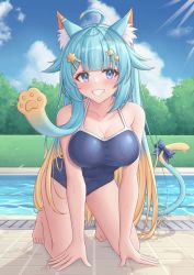 Rule 34 | 1girl, ahoge, all fours, animal ear fluff, animal ears, aqua hair, barefoot, blue bow, blue eyes, blue one-piece swimsuit, blunt bangs, blush, bow, breasts, cat ears, cat girl, cat tail, cloud, grin, hair flaps, highres, indie virtual youtuber, lanmewko, large breasts, looking at viewer, one-piece swimsuit, outdoors, pool, sidelocks, sky, smile, solo, swimsuit, tail, tail bow, tail ornament, teeth, thighs, virtual youtuber, wet, yue zi