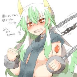 Rule 34 | 1girl, bad id, bad twitter id, blush, breasts, chain, chained, cuffs, dated, ex-keine, extra eyes, green hair, horns, kamishirasawa keine, kamishirasawa keine (hakutaku), long hair, lowres, multicolored hair, naked scarf, nipples, nude, open mouth, rebecca (keinelove), red eyes, scarf, signature, simple background, small breasts, sweat, tail, touhou, translated, two-tone hair, upper body, white background, white hair