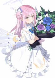 Rule 34 | absurdres, blue archive, blue flower, blue rose, bouquet, closed mouth, dress, flower, hair bun, halo, highres, holding, holding bouquet, long hair, looking at viewer, mika (blue archive), pink flower, pink hair, pink rose, rose, short sleeves, simple background, single hair bun, smile, tagme, tamago (eva1314056), white background, white dress, white wings, wings, yellow eyes