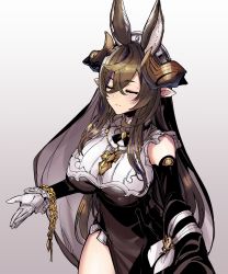 Rule 34 | 1girl, animal ears, asymmetrical clothes, breasts, brown hair, closed mouth, detached sleeves, frilled sleeves, frills, galleon (granblue fantasy), gloves, granblue fantasy, highres, horns, large breasts, long hair, multicolored hair, outstretched arms, parted lips, pointy ears, sidelocks, solo, spread arms, streaked hair, tsukinami kousuke, very long hair, white gloves