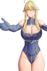 Rule 34 | 1girl, ahoge, artoria pendragon (fate), artoria pendragon (lancer) (fate), bare shoulders, blonde hair, blue gloves, blue leotard, breasts, cleavage, cleavage cutout, clothing cutout, covered navel, elbow gloves, fate/grand order, fate (series), gloves, green eyes, hair between eyes, highleg, highleg leotard, highres, large breasts, leotard, long hair, looking at viewer, lvl (sentrythe2310), outstretched arms, sidelocks, solo, thighs, white background