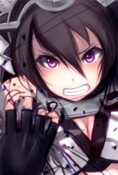 Rule 34 | 10s, 1girl, black hair, clenched teeth, crushing, hair between eyes, headgear, highres, kantai collection, long hair, looking at viewer, mistrail, nagato (kancolle), purple eyes, solo, teeth, upper body