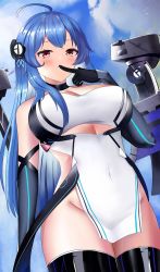 Rule 34 | 1girl, absurdres, azur lane, blue hair, blush, breasts, cleavage, finger to mouth, from below, gloves, helena (azur lane), helena (meta) (azur lane), highres, large breasts, light blush, long hair, looking at viewer, looking down, no panties, pelvic curtain, sky, solo, thighs, zdj