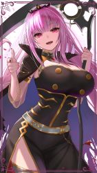Rule 34 | 1girl, :d, belt, black cape, black dress, black nails, blunt bangs, breasts, cape, cleavage, corset, cowboy shot, dress, highres, holding, holding scythe, hololive, hololive english, inari (ambercrown), large breasts, looking at viewer, mori calliope, mori calliope (1st costume), nail polish, open mouth, pelvic curtain, pink eyes, pink hair, pointing, pointing at viewer, scythe, shoulder spikes, smile, solo, spikes, underbust, veil, virtual youtuber