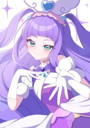 Rule 34 | 1girl, aqua eyes, commentary request, cure majesty, dress, elbow gloves, ellee-chan, eyelashes, gloves, hair ornament, happy, highres, hirogaru sky! precure, long hair, looking at viewer, magical girl, nananaya7370, precure, purple dress, purple hair, smile, solo, standing, white background, white gloves