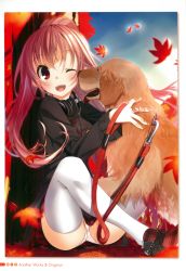 Rule 34 | 1girl, :d, ;d, absurdres, blush, brown hair, coat, dog, earrings, english text, headphones, headphones around neck, highres, jewelry, kagome (traumatize), leaf, leash, loafers, long hair, long sleeves, maple leaf, on ground, one eye closed, open mouth, original, page number, panties, pantyshot, plaid, plaid shoes, plaid skirt, ponytail, red eyes, scan, shoes, sitting, skirt, smile, solo, thighhighs, tongue, tongue out, underwear, white panties, white thighhighs