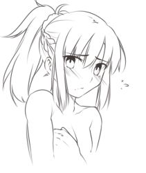 Rule 34 | 1girl, blush, braid, covering privates, covering breasts, fate/apocrypha, fate (series), french braid, greyscale, long hair, lowres, monochrome, mordred (fate), mordred (fate/apocrypha), nude, ponytail, scrunchie, sketch, solo, tusia, type-moon