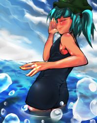 Rule 34 | 1girl, blue hair, bubble, closed eyes, female focus, hair bobbles, hair ornament, hat, kawashiro nitori, one-piece swimsuit, school swimsuit, short hair, solo, swimsuit, tan, touhou, two side up, water