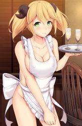 Rule 34 | 10s, 1girl, aletta, apron, apron tug, blonde hair, blush, breasts, cleavage, daiaru, covered erect nipples, glass, green eyes, highres, horns, isekai shokudou, large breasts, looking at viewer, naked apron, short hair, smile, solo, tray, twintails