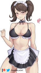 Rule 34 | 1girl, alternate costume, apron, artist name, bare arms, bare shoulders, bikini, bikini top only, black skirt, breasts, brown eyes, brown hair, choker, clenched teeth, collarbone, commentary, commission, cowboy shot, damobelmont, english commentary, enmaided, hand up, highres, kawakami sadayo, large breasts, looking at viewer, maid, maid bikini, maid headdress, miniskirt, persona, persona 5, short hair, simple background, skirt, skirt set, solo, standing, swimsuit, teeth, thighs, twintails, twitter logo, unconventional maid, waist apron, white apron, white background