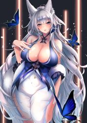 Rule 34 | 1girl, absurdres, animal ear fluff, animal ears, azur lane, bare shoulders, blue eyes, blush, breasts, bug, butterfly, cleavage, covered navel, dress, fox ears, fox girl, halterneck, highres, insect, kangaruu (momotk1109), large breasts, lips, long hair, looking at viewer, mature female, official alternate costume, pelvic curtain, shinano (azur lane), shinano (dreams of the hazy moon) (azur lane), silver hair, solo, thighs, white dress
