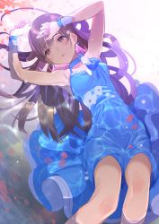 Rule 34 | 1girl, armpits, bad id, bad pixiv id, bare shoulders, blue dress, blush, brown eyes, brown hair, commentary request, dress, earrings, fingernails, floating hair, highres, idolmaster, idolmaster cinderella girls, idolmaster cinderella girls starlight stage, jewelry, koyoi mitsuki, long hair, nail polish, nitta minami, parted lips, pink nails, solo, wristband