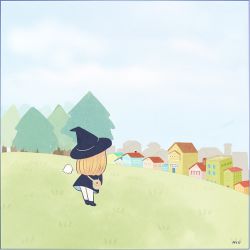 Rule 34 | 1girl, ayu (mog), bag, black dress, black footwear, black hat, blue sky, city, day, dress, from behind, ghost, grass, hat, hill, house, long hair, orange hair, original, outdoors, shoes, shoulder bag, signature, sky, solo, standing, tree, witch hat