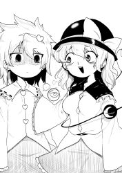 Rule 34 | 2girls, absurdres, alternate breast size, anger vein, blush, bow, breast envy, breasts, closed mouth, greyscale, hair between eyes, hands on another&#039;s chest, hat, hat bow, heart, heart of string, highres, himajin noizu, komeiji koishi, komeiji satori, medium breasts, monochrome, multiple girls, open mouth, shaded face, short hair, simple background, skirt, sleeves past wrists, sweat, third eye, touhou, white background, wide sleeves