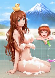 Rule 34 | 2girls, :d, androgynous, bath, bathhouse, bathing, bathroom, bathtub, breasts, brown hair, child, convenient censoring, green eyes, hairband, highres, inishie no megami to houseki no ite, karuarua, long hair, medium breasts, mount fuji, multiple girls, navel, nude, open mouth, orange hair, rubber duck, sitting, smile, soap bubbles, soap censor, steam, water gun
