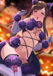 Rule 34 | 1girl, animal ears, blush, breasts, claws, commission, cosplay, elbow gloves, fang, fate/grand order, fate (series), fur-trimmed gloves, fur-trimmed legwear, fur collar, fur trim, gloves, halloween costume, highres, idolmaster, idolmaster cinderella girls, lace, lace-trimmed legwear, lace trim, large breasts, looking at viewer, mash kyrielight, mash kyrielight (dangerous beast), mash kyrielight (dangerous beast) (cosplay), navel, nitta minami, o-ring, o-ring top, official alternate costume, open mouth, purple gloves, purple thighhighs, revealing clothes, sakamuke, skeb commission, solo, tail, thighhighs, wolf ears, wolf girl, wolf tail