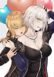 Rule 34 | 2girls, artoria pendragon (all), artoria pendragon (fate), bkko, black shirt, blonde hair, breasts, commentary request, fate/apocrypha, fate/grand order, fate (series), gradient background, hair between eyes, hair ribbon, heart, highres, jacket, jeanne d&#039;arc (fate), jeanne d&#039;arc alter (fate), jeanne d&#039;arc alter (ver. shinjuku 1999) (fate), jewelry, large breasts, long sleeves, looking at viewer, multiple girls, necklace, official alternate costume, ribbon, saber alter, saber alter (ver. shinjuku 1999) (fate), shirt, short hair, simple background, smile, upper body, white hair, wicked dragon witch ver. shinjuku 1999, yellow eyes
