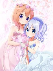 Rule 34 | 2016, 2girls, absurdres, age difference, alternate costume, alternate hairstyle, artist name, bare shoulders, blue dress, blue eyes, blue hair, blue wedding dress, bouquet, breasts, check commentary, child, cleavage, closed mouth, collarbone, commentary request, couple, dated, dress, flat chest, flower, gochuumon wa usagi desu ka?, hair between eyes, happy birthday, head wreath, height difference, highres, holding, holding bouquet, hoto cocoa, houbunsha, kafuu chino, long hair, looking at viewer, medium breasts, multiple girls, neki (wakiko), onee-loli, orange hair, petals, pink dress, pink wedding dress, purple eyes, rose, sidelocks, smile, strapless, strapless dress, twitter username, wavy hair, wedding dress, white background, wife and wife, yuri