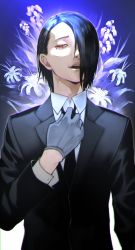 Rule 34 | 10s, 1boy, black hair, black jacket, black necktie, blue gloves, commentary request, flower, formal, gloves, hair over one eye, half-closed eye, highres, jacket, looking down, male focus, manly, mole, mole under eye, necktie, one eye covered, open mouth, red eyes, shirt, short hair, solo, tokyo ghoul, tokyo ghoul:re, upper body, washuu-furuta souta (tokyo ghoul), white shirt, yoshio (55level)
