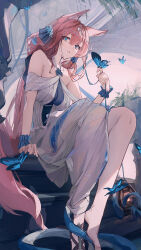Rule 34 | 1girl, absurdres, animal ear fluff, animal ears, arknights, arm support, bare shoulders, barefoot, blue bow, blue eyes, blue ribbon, bow, breasts, bug, butterfly, collarbone, dress, eyelashes, feet, full body, grey dress, hair between eyes, hair ornament, hair ribbon, hand up, heidi (a thousand correspondences) (arknights), heidi (arknights), highres, insect, kioroshin, knees up, lantern, legs, legs together, long hair, looking at viewer, medium breasts, official alternate costume, parted lips, pink hair, ribbon, sandals, scrunchie, sidelocks, single sandal, sitting, solo, toes, very long hair, wrist scrunchie