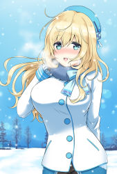 Rule 34 | 10s, 1girl, :d, alternate costume, aqua eyes, atago (kancolle), beret, black gloves, blonde hair, blue bow, blush, bow, breasts, buttons, coat, cowboy shot, fur collar, gloves, hat, heavy breathing, highres, kantai collection, large breasts, long hair, long sleeves, looking at viewer, nanairo fuuka, nose blush, open mouth, outdoors, smile, snowing, solo, white coat