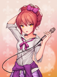 Rule 34 | 10s, 1girl, bad id, bad pixiv id, blush, bow, clothes around waist, collarbone, dduck kong, hair bow, highres, holding, holding microphone, idolmaster, idolmaster cinderella girls, jacket, jacket around waist, jougasaki mika, looking at viewer, microphone, open mouth, pink hair, purple bow, purple skirt, short hair, signature, skirt, solo, teeth, yellow eyes