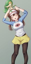 Rule 34 | 1girl, :d, absurdres, amayo thranana, blush, bow, breasts, brown hair, brown pantyhose, closed eyes, commentary request, creatures (company), double bun, eyelashes, facing viewer, game freak, gen 5 pokemon, hair bun, highres, long hair, nintendo, on head, open mouth, pantyhose, pantyhose under shorts, pink bow, pokemon, pokemon (creature), pokemon bw2, pokemon on head, raglan sleeves, rosa (pokemon), shirt, short shorts, shorts, sleeves past elbows, smile, snivy, teeth, tongue, twintails, upper teeth only, visor cap, yellow shorts