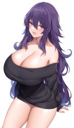 Rule 34 | 1girl, :d, absurdres, arm support, black sweater, blush, breasts, cleavage, collarbone, commission, hair between eyes, highres, huge breasts, long hair, looking at viewer, off-shoulder sweater, off shoulder, open mouth, original, purple eyes, purple hair, sidelocks, simple background, skeb commission, smile, solo, suruga (xsurugax), sweater, very long hair, wavy hair, white background