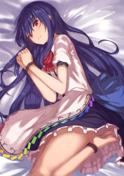 Rule 34 | 1girl, bare legs, bdsm, bed, bed sheet, black skirt, blue hair, bondage, bound, bound ankles, bound wrists, clenched hands, hinanawi tenshi, ibuki notsu, long hair, looking at viewer, lying, on side, red eyes, scared, shirt, skirt, skirt set, soles, solo, tears, toes, touhou, white shirt
