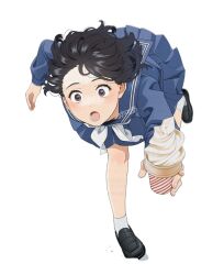 1girl black_eyes black_hair blue_serafuku commentary food full_body ice_cream loafers mattaku_mousuke open_mouth original school_uniform serafuku shoes short_hair simple_background skirt solo tripping white_background