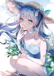 Rule 34 | 1girl, animal ear fluff, bare legs, bare shoulders, blue bow, blue choker, blue dress, blue eyes, blue hair, blue ribbon, blush, bow, breasts, choker, collarbone, covered mouth, day, dress, feet out of frame, flower, hair flower, hair ornament, hand up, hat, hat bow, hat ornament, highres, holding, holding flower, lens flare, looking at viewer, medium breasts, miwano rag, original, outdoors, petals, ribbon, signature, sleeveless, sleeveless dress, solo, squatting, straw hat, sundress, white flower