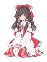 Rule 34 | 1girl, bare shoulders, bow, brown eyes, detached sleeves, frilled bow, frilled hair tubes, frilled shirt collar, frills, hair tubes, hakurei reimu, highres, reimu tyuki, ribbon-trimmed sleeves, ribbon trim, solo, touhou, white background, wide sleeves