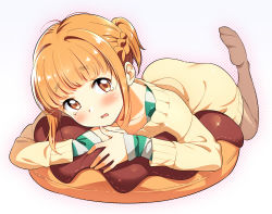 Rule 34 | 1girl, blush, brown eyes, cushion, feet, lying, no shoes, on stomach, open mouth, orange hair, original, ponytail, short hair, solo, sweater, tears, thighhighs, tokyo 7th sisters, tsunomori rona, wavy mouth, white background, zpolice