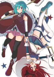Rule 34 | 2girls, :3, alternate costume, aqua hair, armor, black thighhighs, blue eyes, blue skirt, blush, boots, breastplate, breasts, cleavage, commentary request, cosplay, costume switch, eyelashes, fang, gloves, hair between eyes, holding, holding hands, holding polearm, holding sword, holding weapon, long hair, looking at viewer, mahou shoujo madoka magica, mahou shoujo madoka magica (anime), miki sayaka, miki sayaka (cosplay), miki sayaka (magical girl), multiple girls, muneate, one eye closed, open mouth, pink skirt, pleated skirt, polearm, red eyes, red hair, sakura kyoko, sakura kyoko (cosplay), sakura kyoko (magical girl), skirt, sword, thighhighs, thighs, upside-down, urei-hibino, very long hair, weapon, white background, white gloves, white thighhighs