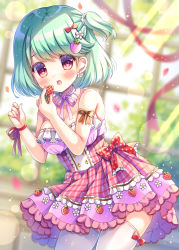 Rule 34 | 1girl, :d, bare shoulders, blurry, blurry background, blush, breasts, cleavage, commission, depth of field, dress, flower, food, food-themed hair ornament, frilled dress, frills, fruit, green hair, hair flower, hair ornament, hands up, highres, holding, holding food, kouta., leaning forward, medium breasts, one side up, open mouth, original, petals, pink dress, plaid, plaid dress, red eyes, red ribbon, ribbon, skeb commission, smile, solo, strapless, strapless dress, strawberry, strawberry hair ornament, thighhighs, white flower