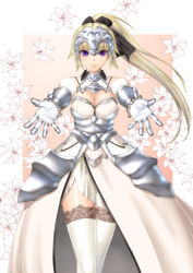 Rule 34 | 1girl, 210ten, alternate costume, alternate hairstyle, armor, armored dress, bow, breasts, cleavage, fate/apocrypha, fate (series), flower, gauntlets, hair bow, headpiece, jeanne d&#039;arc (fate), jeanne d&#039;arc (ruler) (fate), lace, lace-trimmed legwear, lace trim, large breasts, lily (flower), long hair, outstretched hand, ponytail, purple eyes, solo, thighhighs, white thighhighs