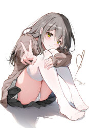 Rule 34 | 1girl, artist name, black skirt, blush, brown jacket, closed mouth, commentary, full body, grey hair, heart, highres, honkai: star rail, honkai (series), hugging own legs, jacket, knees up, long hair, long sleeves, looking at viewer, outstretched arm, panties, pantyshot, shadow, simple background, sitting, skirt, sleeves past wrists, solo, stelle (honkai: star rail), thighhighs, trailblazer (honkai: star rail), twitter username, underwear, v, vincent leo, white background, white panties, white thighhighs, yellow eyes