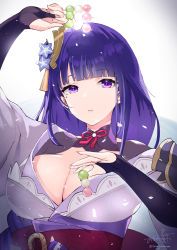 Rule 34 | 1girl, absurdres, arm up, blue flower, blunt bangs, breasts, bridal gauntlets, cleavage, dango, flower, food, genshin impact, hand up, highres, holding, holding food, japanese clothes, kimono, large breasts, long hair, obi, ochinsama, off shoulder, parted lips, purple eyes, purple hair, purple kimono, raiden shogun, sanshoku dango, sash, signature, solo, twitter username, upper body, wagashi