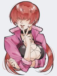 Rule 34 | 1girl, breasts, cleavage, dress, hair over eyes, jacket, large breasts, long hair, pink jacket, red hair, shermie (kof), snk, solo, the king of fighters, the king of fighters xv