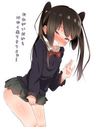 Rule 34 | 1girl, absurdres, between legs, blue sweater, blush, bow, bowtie, breasts, brown hair, clenched teeth, embarrassed, female focus, green skirt, hand between legs, hand up, have to pee, highres, japanese text, kuno (kc9s), leaning forward, long hair, long sleeves, looking at viewer, microskirt, nose blush, one eye closed, original, pleated skirt, purple eyes, red bow, red bowtie, school uniform, shiny skin, shirt, simple background, skirt, small breasts, smile, solo, standing, sweater, talking, tears, teeth, translation request, twintails, waving, white background, white shirt, wince