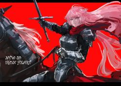 Rule 34 | 1girl, animal, armor, barding, black border, border, character name, closed mouth, gauntlets, girls&#039; frontline, hair flaps, highres, holding, holding sword, holding weapon, horse, horseback riding, knight, long hair, ntw-20 (girls&#039; frontline), ntw-20 (heart of dark iron) (girls&#039; frontline), official alternate costume, osakana (denpa yun&#039;yun), pink eyes, pink hair, red background, red scarf, riding, scarf, simple background, solo, sword, weapon