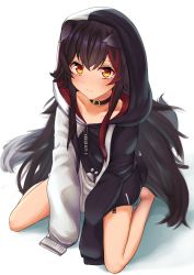 Rule 34 | 1girl, absurdres, aged down, animal ear fluff, animal ears, bare legs, barefoot, black choker, black hair, black hoodie, blush, choker, commentary, embarrassed, fang, flat chest, full body, hair between eyes, hair ornament, highres, hololive, hood, hood up, hoodie, long hair, looking at viewer, multicolored hair, off shoulder, ookami mio, ookami mio (casual), orange eyes, paw print, paw print pattern, red hair, simple background, sitting, skin fang, sleeves past fingers, sleeves past wrists, solo, streaked hair, tail, two-tone hoodie, virtual youtuber, vr inaba, wariza, white background, white hoodie, wolf ears, wolf tail