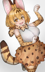 Rule 34 | 1girl, absurdres, adeshi (adeshi0693119), animal ears, belt, blonde hair, bow, bowtie, cat ears, cat girl, cat tail, elbow gloves, extra ears, gloves, grey background, highres, kemono friends, looking at viewer, serval (kemono friends), serval print, shirt, shoes, short hair, simple background, skirt, sleeveless, sleeveless shirt, solo, tail, thighhighs, yellow eyes