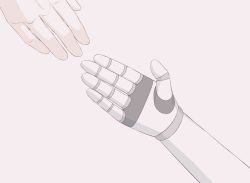 Rule 34 | 2others, absurdres, avogado6, close-up, commentary, english commentary, hand focus, highres, mechanical hands, multiple others, open hand, original, reaching, simple background, single mechanical hand, white background